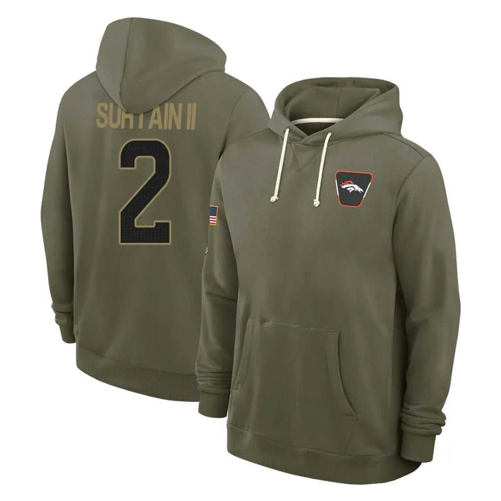 Fenge D.Broncos #2 Pat Surtain II Player Olive Salute to Service Pullover Hoodies Limited Stitched Jerseys
