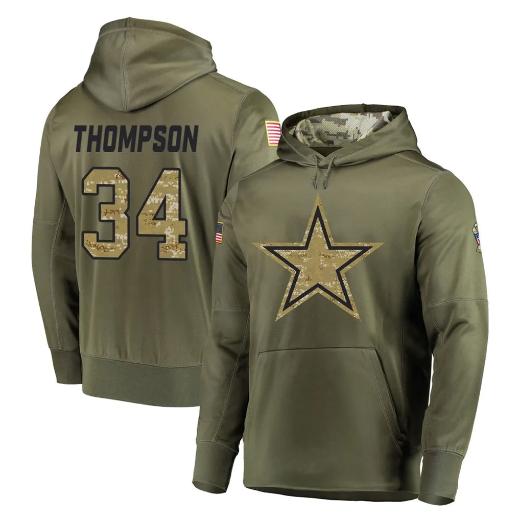 Fenge D.Cowboys #34 Jalen Thompson Player Olive Salute to Service Pullover Hoodies Home Game Stitched Jerseys