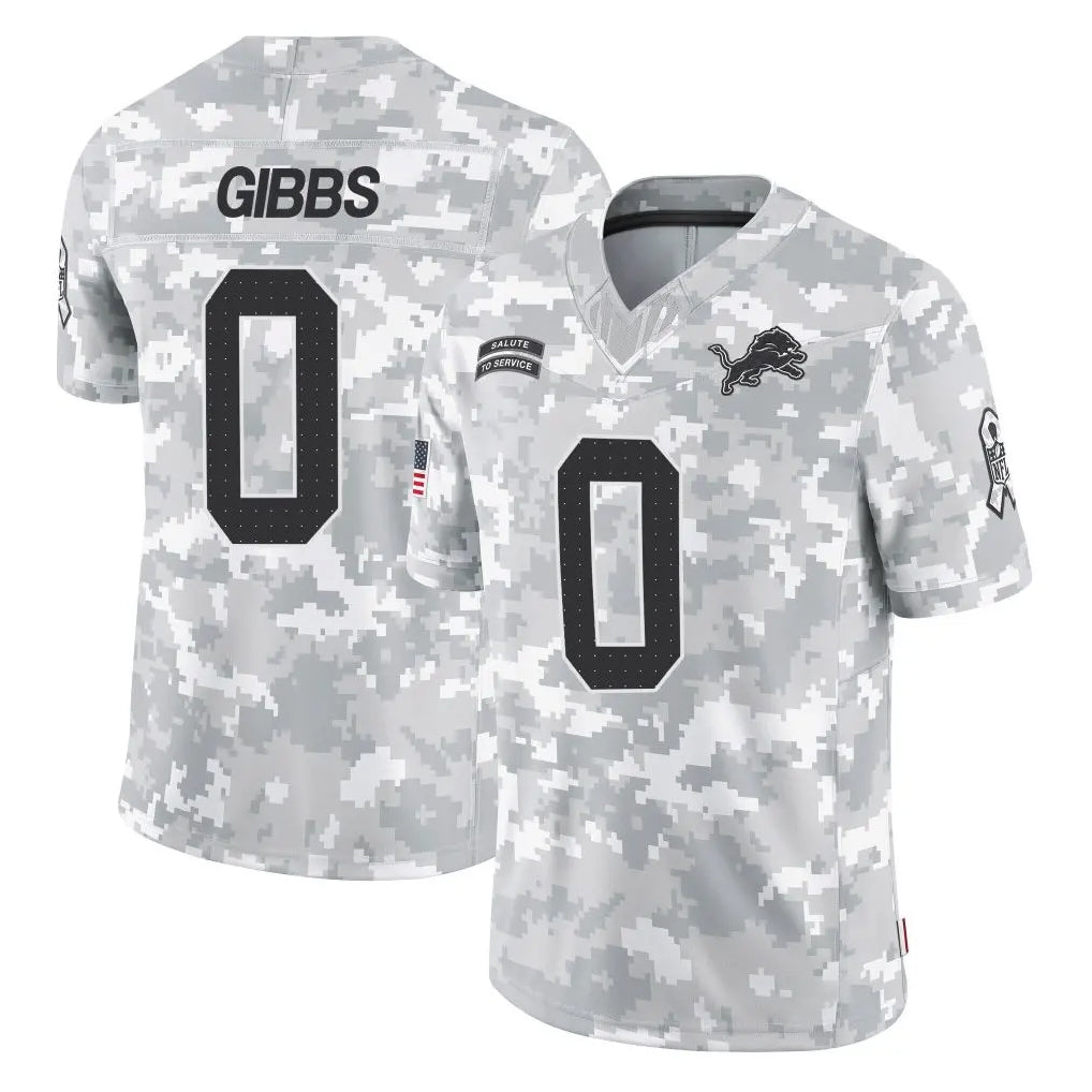 Fenge D.Lions #0 Jahmyr Gibbs Player Arctic Camo Salute To Service Limited Stitched Jerseys