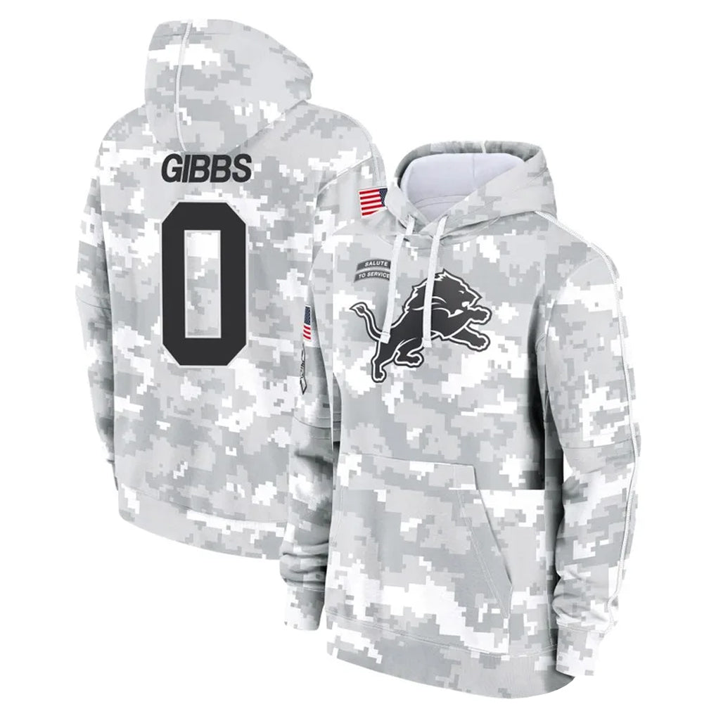 Fenge D.Lions #0 Jahmyr Gibbs Player Arctic Camo Salute to Service Hoodies Limited Game Stitched Jerseys