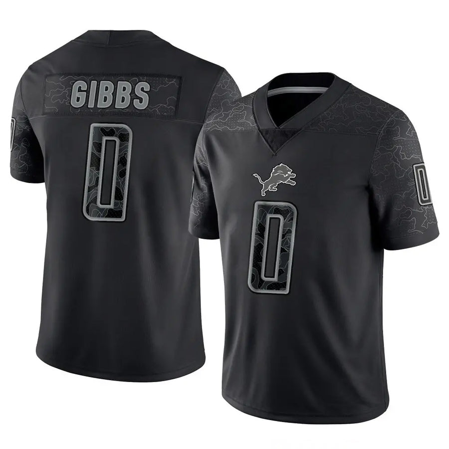 Fenge D.Lions #0 Jahmyr Gibbs Player Black REFLECTIVE Limited Stitched Jerseys