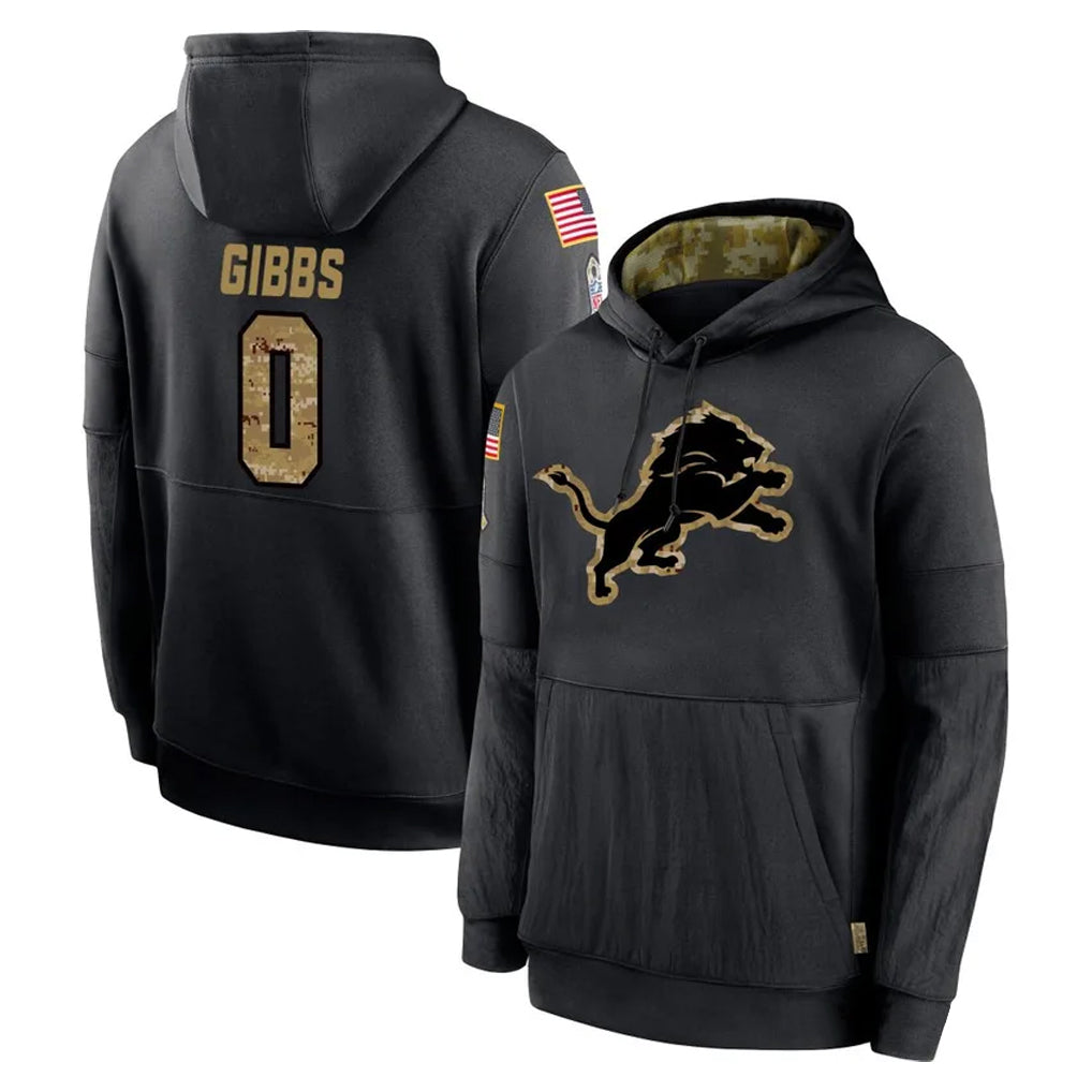 Fenge D.Lions #0 Jahmyr Gibbs Player Black Salute to Service Hoodies Limited Game Stitched Jerseys