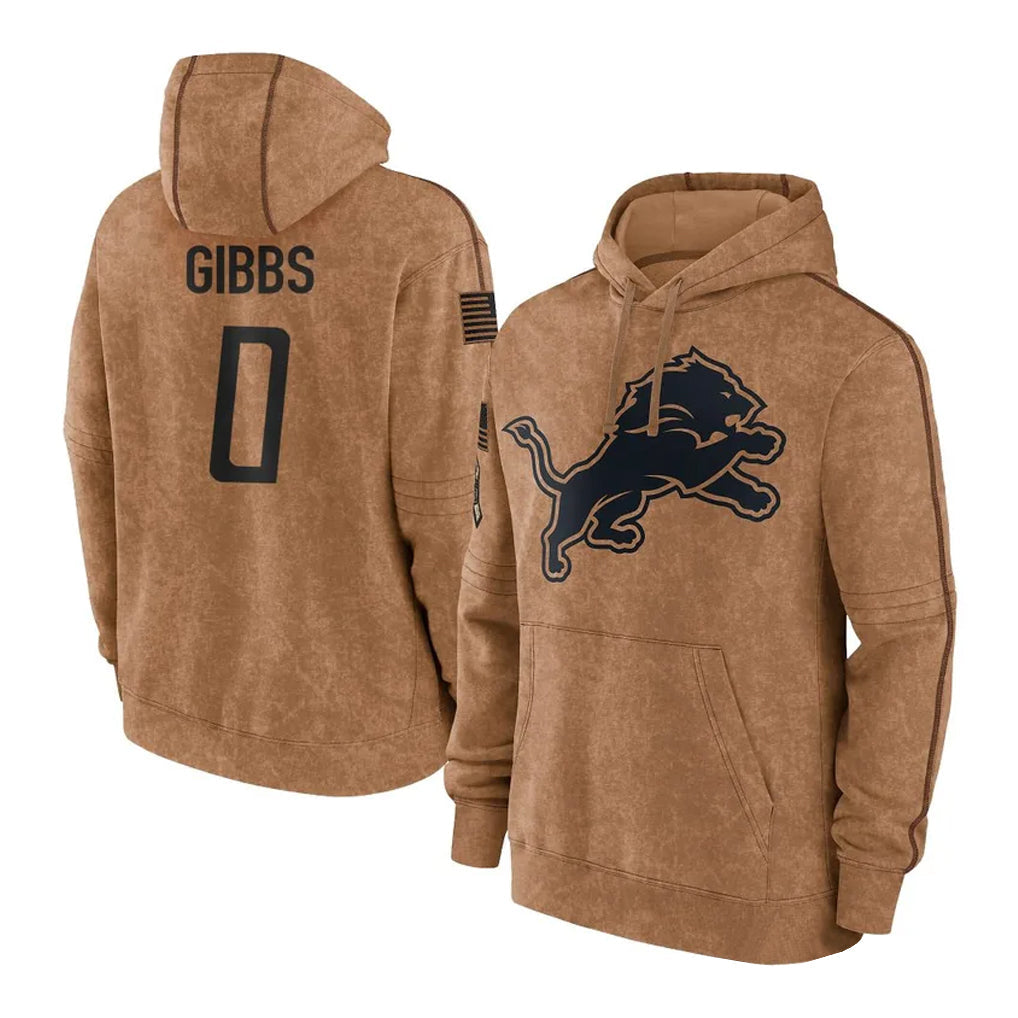 Fenge D.Lions #0 Jahmyr Gibbs Player Brown Salute to Service Hoodies Limited Game Stitched Jerseys