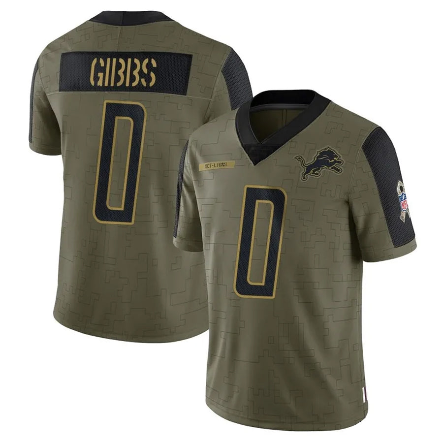 Fenge D.Lions #0 Jahmyr Gibbs Player Salute To Service Olive Stitched Jerseys