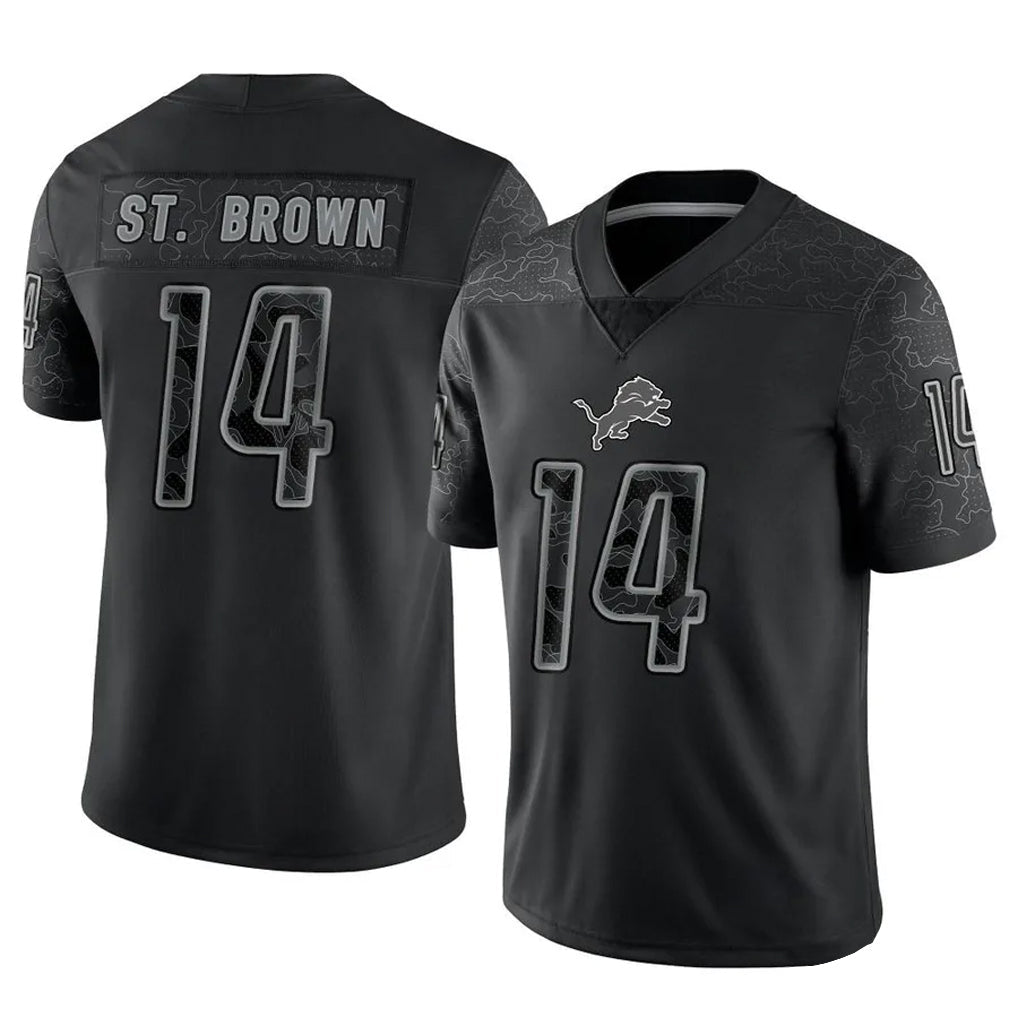Fenge D.Lions #14 Amon-Ra St. Brown Player Black REFLECTIVE Limited Stitched Jerseys
