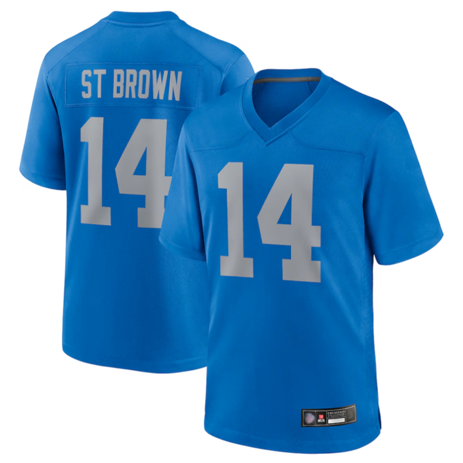 Fenge D.Lions #14 Amon-Ra St. Brown Player Blue Game Replica Stitched Jerseys