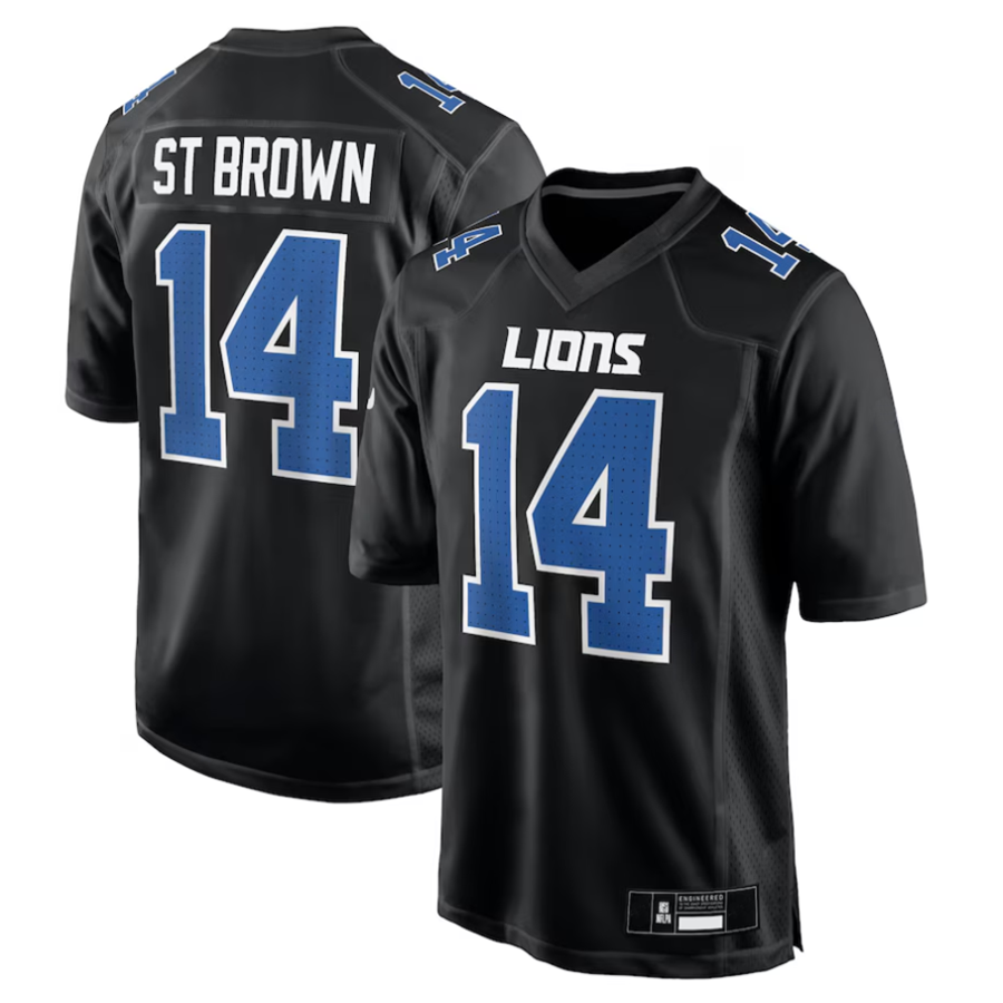 Fenge D.Lions #14 Amon-Ra St. Brown Player Carbon Black Fashion Stitched Jerseys