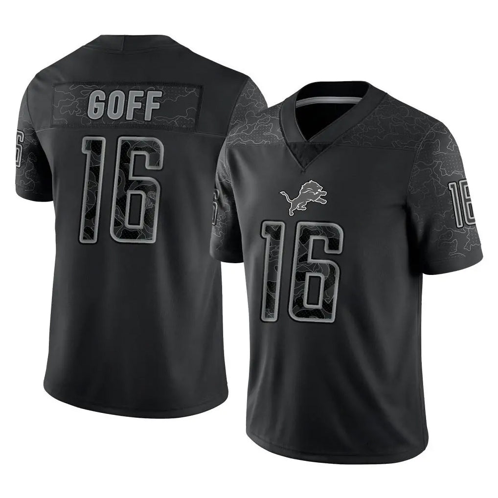 Fenge D.Lions #16 Jared Goff Player Black REFLECTIVE Limited Stitched Jerseys