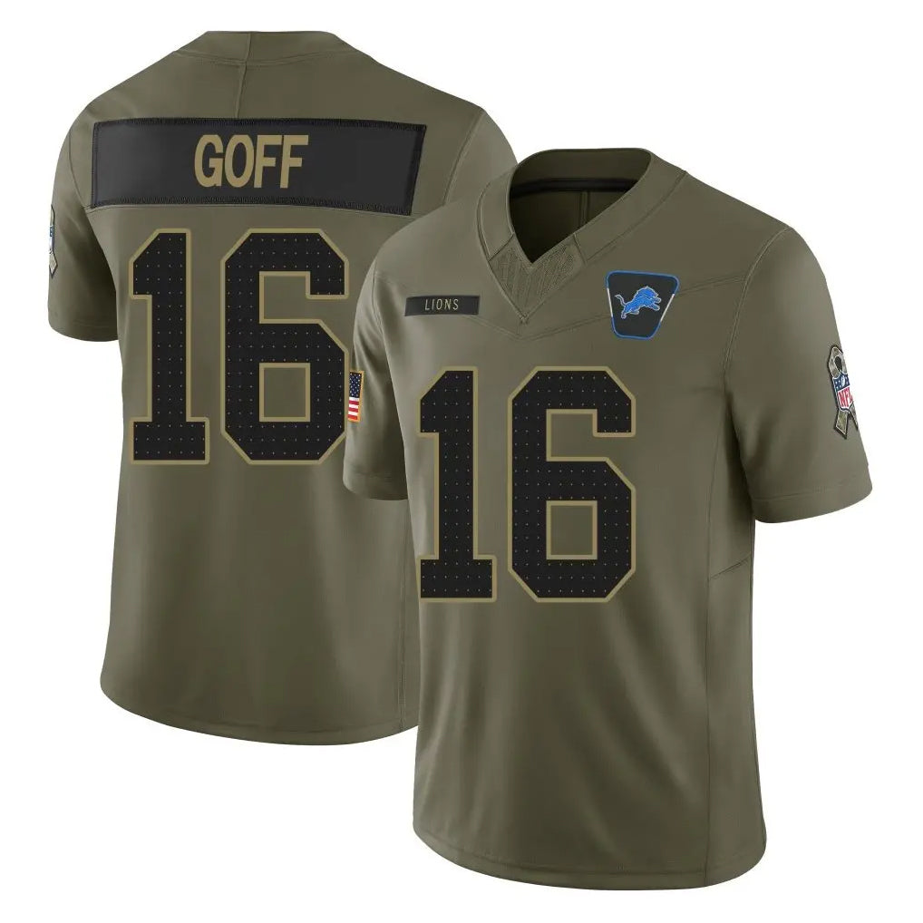 Fenge D.Lions #16 Jared Goff Player Olive 2025 Salute To Service Limited Home Game Stitched Jerseys