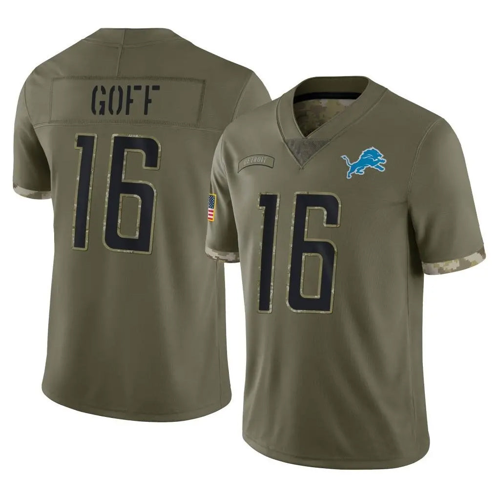 Fenge D.Lions #16 Jared Goff Player Salute To Service Limited Olive Stitched Jerseys