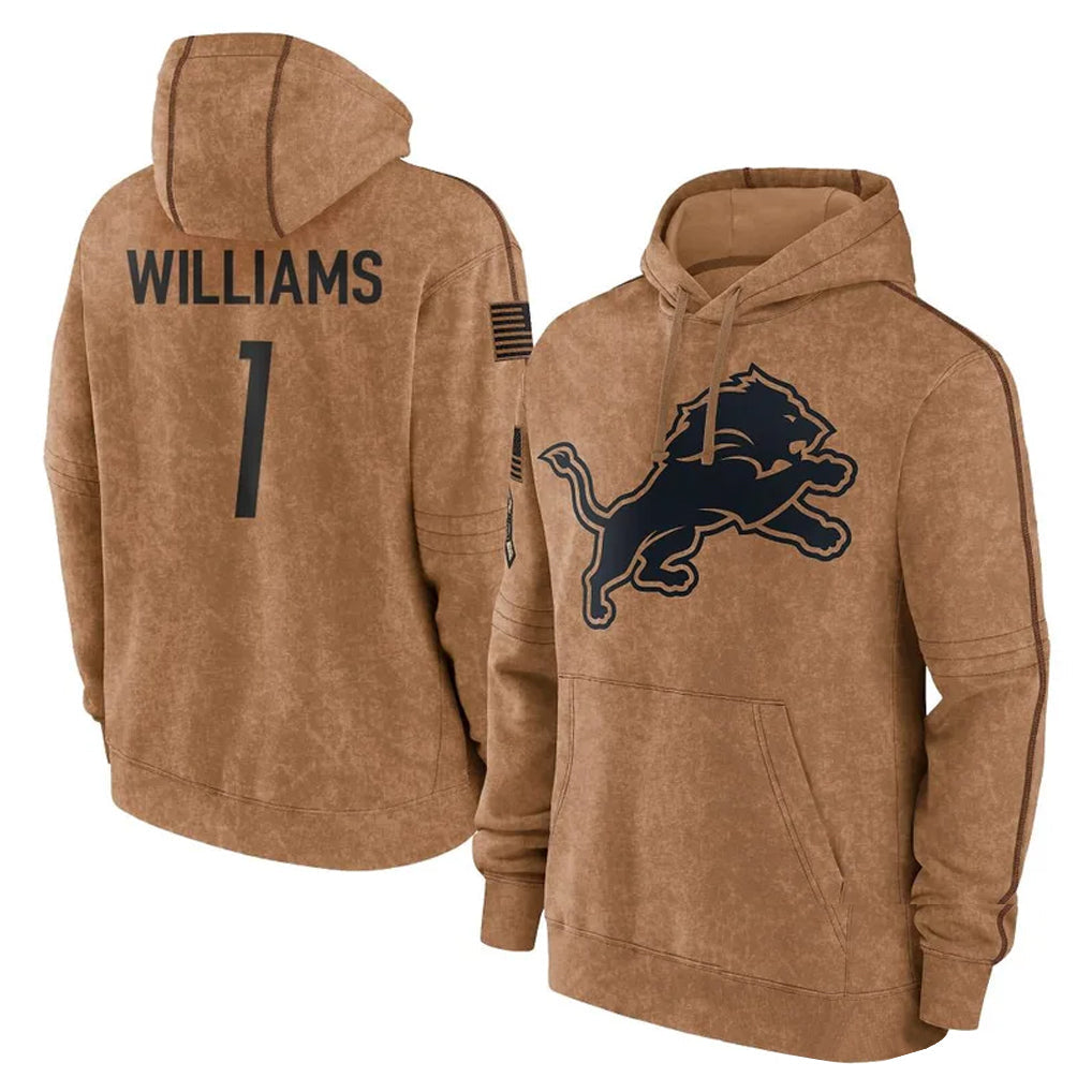 Fenge D.Lions #1 Jameson Williams Player Brown Salute to Service Hoodies Limited Game Stitched Jerseys