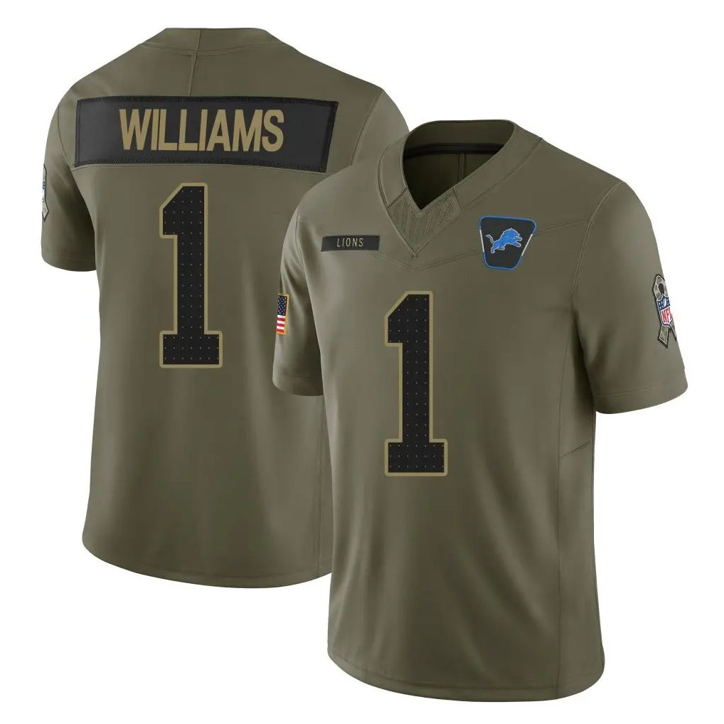 Fenge D.Lions #1 Jameson Williams Player Olive 2025 Salute To Service Limited Home Game Stitched Jerseys