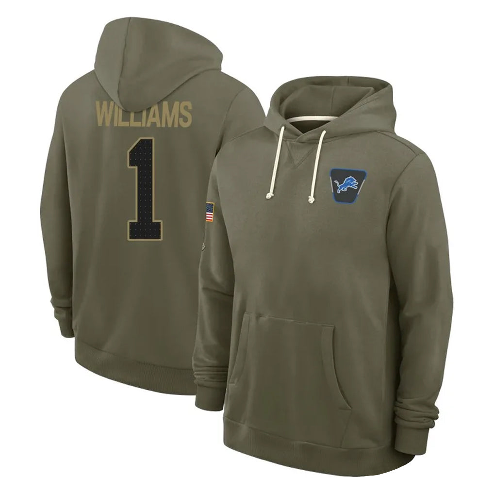 Fenge D.Lions #1 Jameson Williams Player Olive Salute to Service Pullover Hoodies Limited Stitched Jerseys