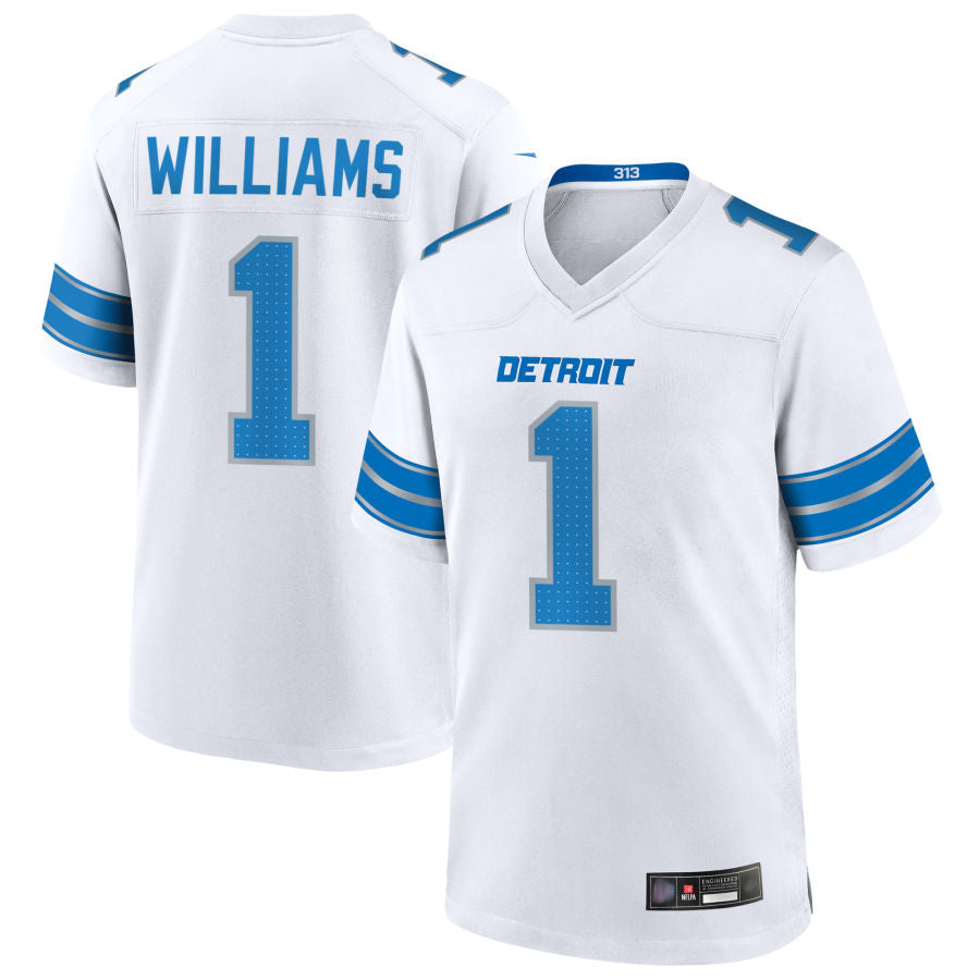 Fenge D.Lions #1 Jameson Williams Player White Home Game Football Jerseys