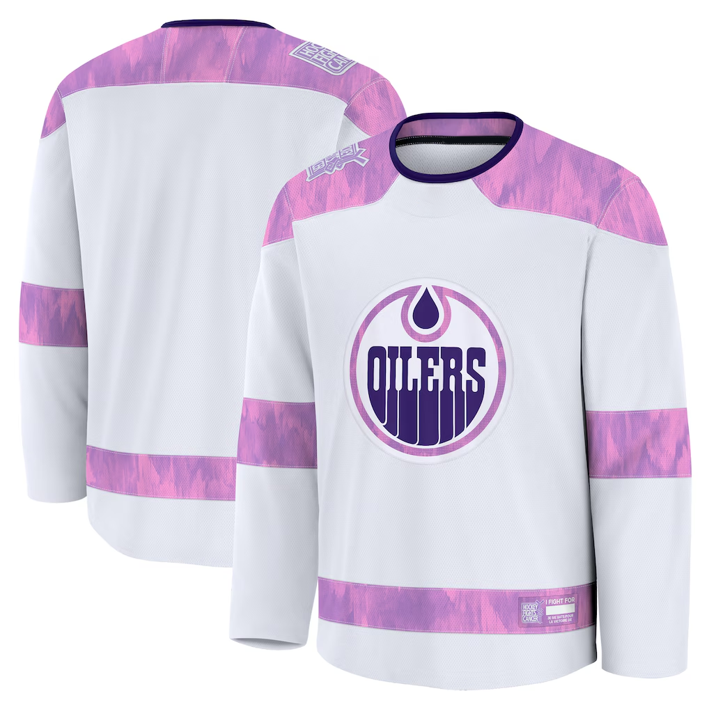 Fenge E.Oilers White 2024 Hockey Fights Cancer Practice Jerseys