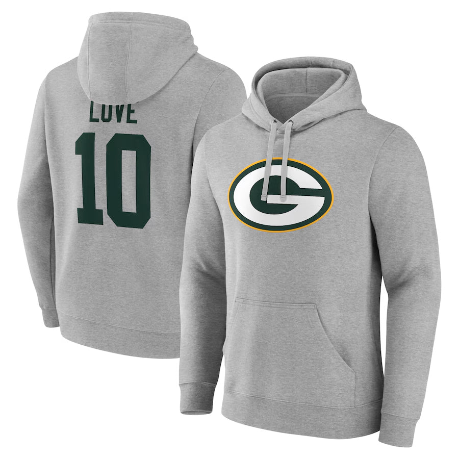 Fenge GB.Packers #10 Jordan Love Player Gray Pullover Hoodie Game Stitched Jerseys