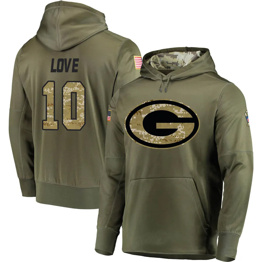 Fenge GB.Packers #10 Jordan Love Player Olive Salute to Service Pullover Hoodie Game Stitched Jerseys