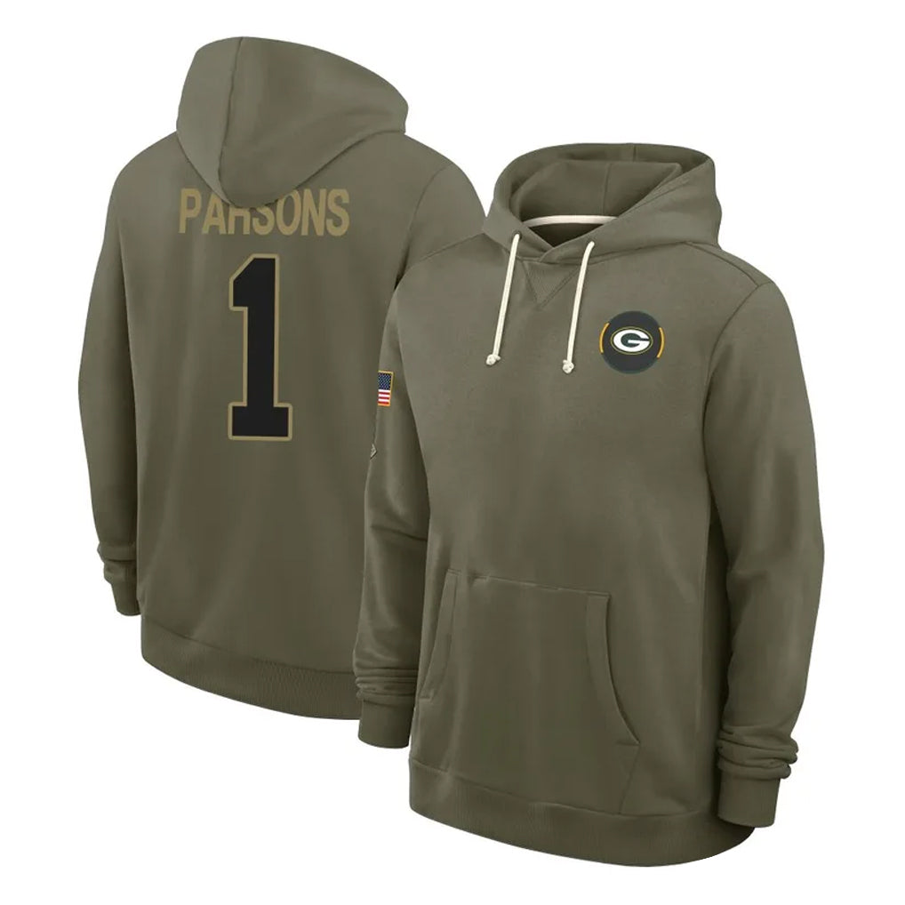 Fenge GB.Packers #1 Micah Parsons Player Olive Salute to Service Pullover Hoodies Limited Stitched Jerseys