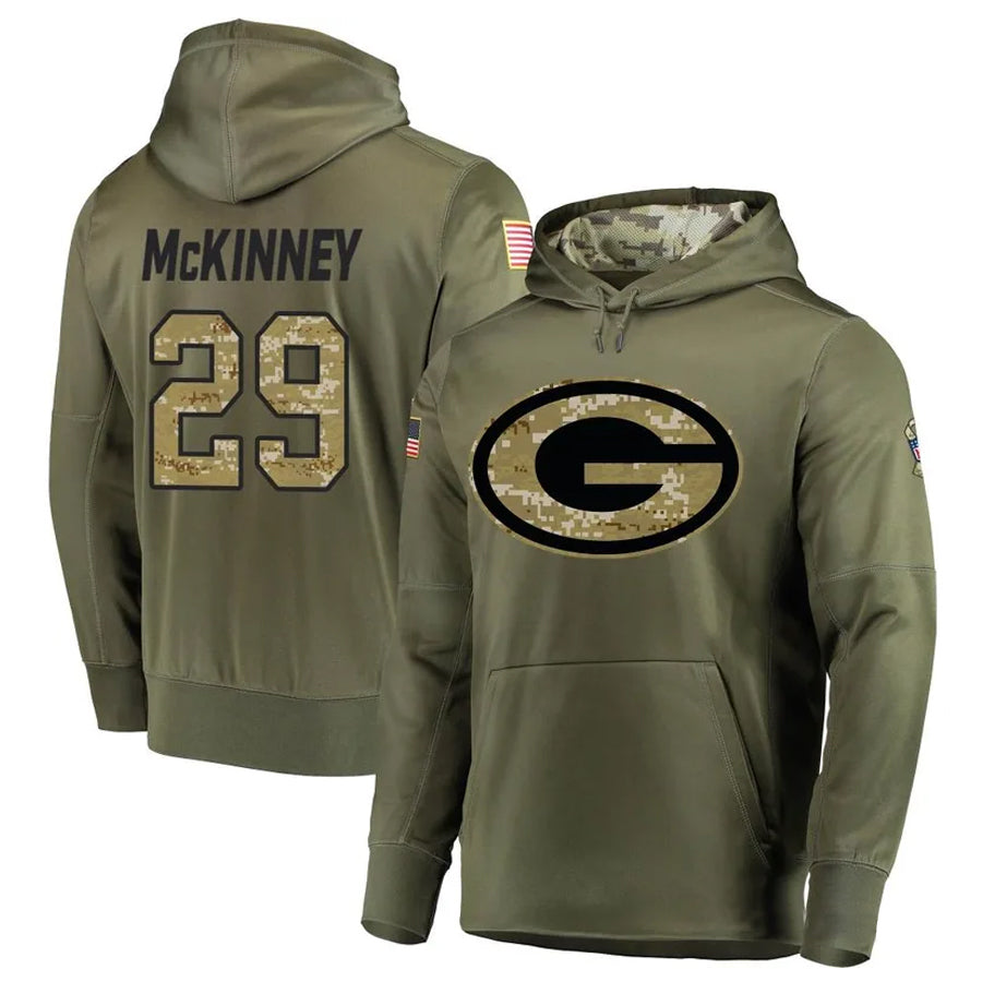 Fenge GB.Packers #29 Xavier McKinney Player Olive Salute to Service Pullover Hoodie Game Stitched Jerseys