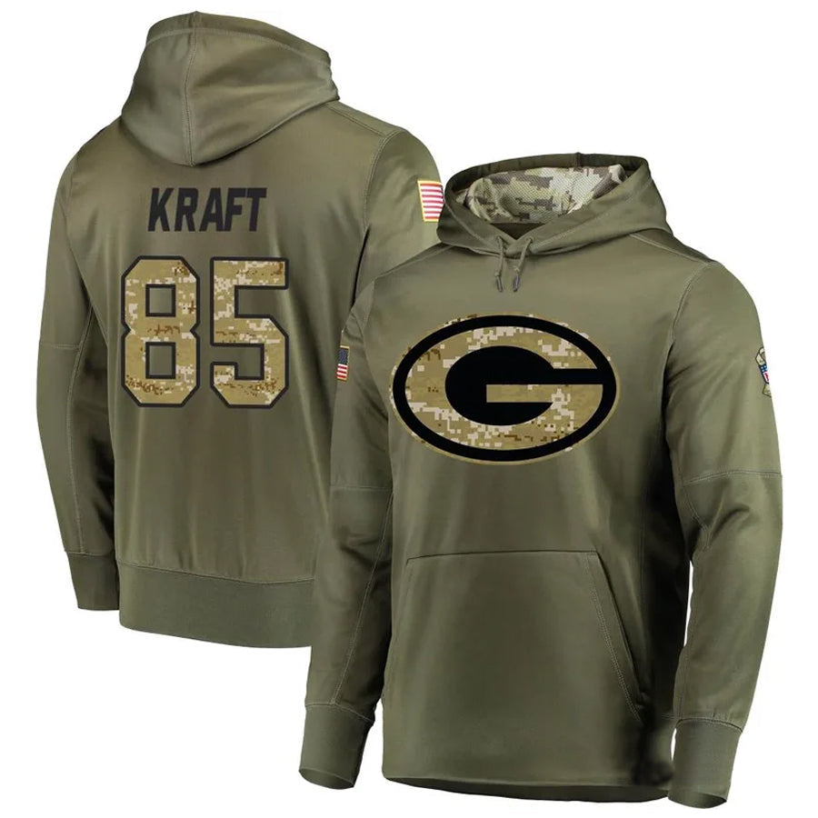 Fenge GB.Packers #85 Tucker Kraft Player Olive Salute to Service Pullover Hoodie Game Stitched Jerseys