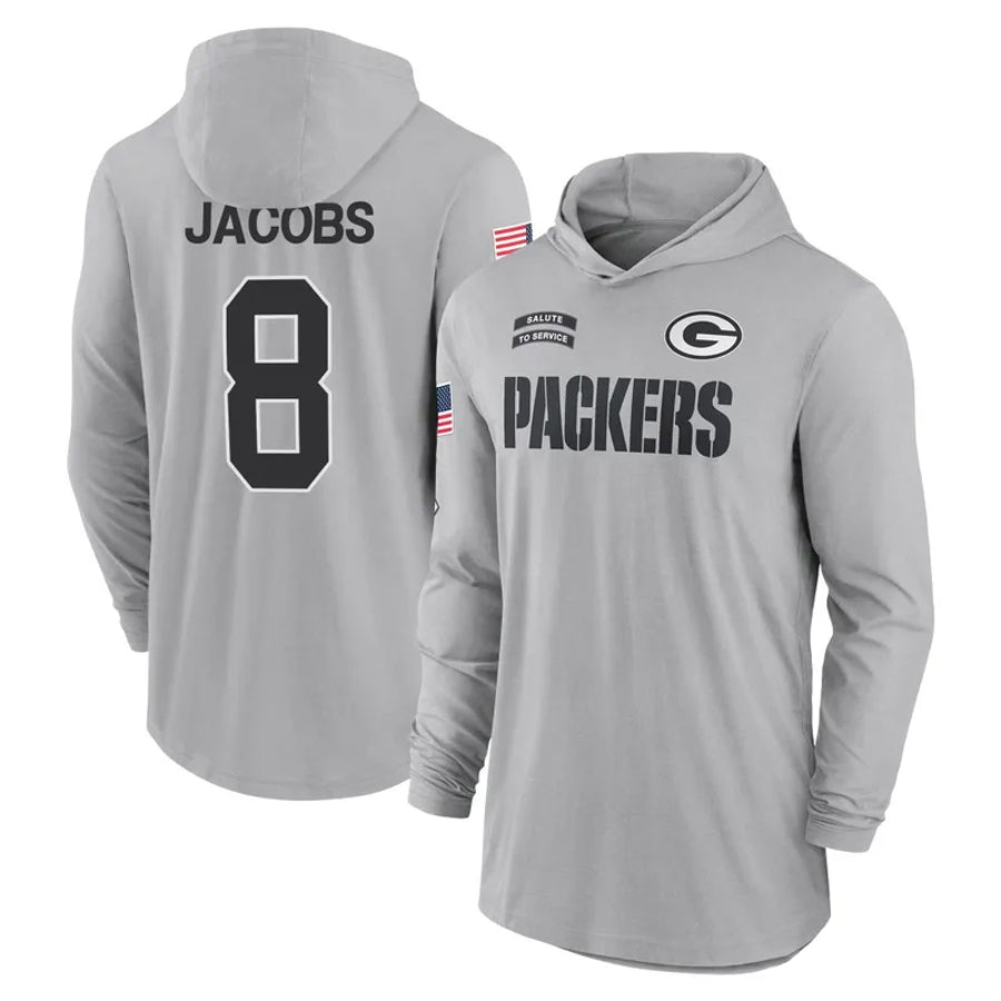 Fenge GB.Packers #8 Josh Jacobs Player Gray Salute to Service Hoodies Game Stitched Jerseys