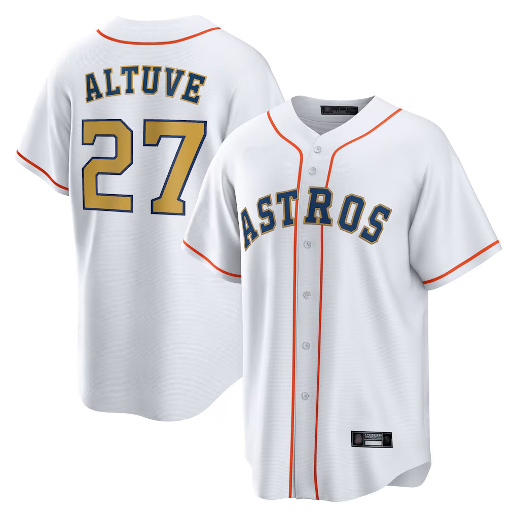 Fenge H.Astros #27 Jose Altuve Player White Gold Collection Game Home Stitched Jerseys