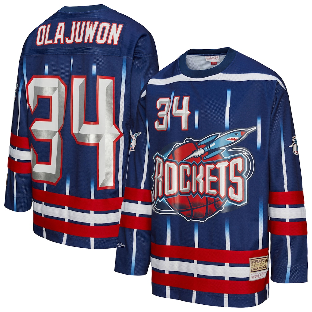 Fenge H.Rockets #34 Hakeem Olajuwon Mitchell & Ness Navy Maxxed Out Fashion Hockey Stitched Jerseys