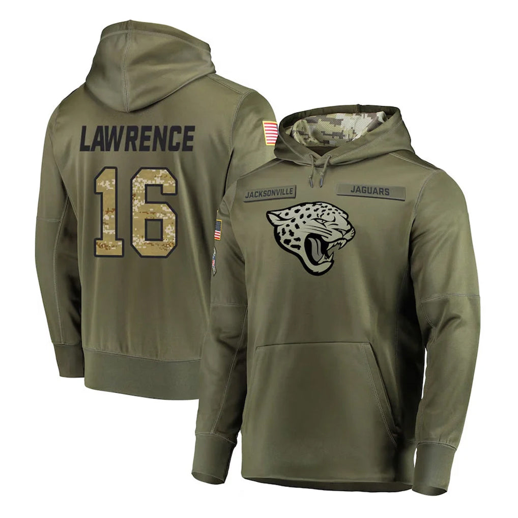 Fenge J.Jaguars #16 Trevor Lawrence Player Olive Salute to Service Pullover Hoodies Home Game Stitched Jerseys