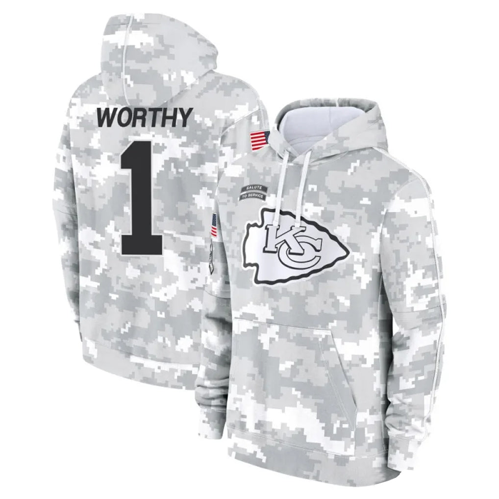 Fenge KC.Chiefs #1 Xavier Worthy Player Arctic Camo Salute to Service Hoodies Stitched Jerseys