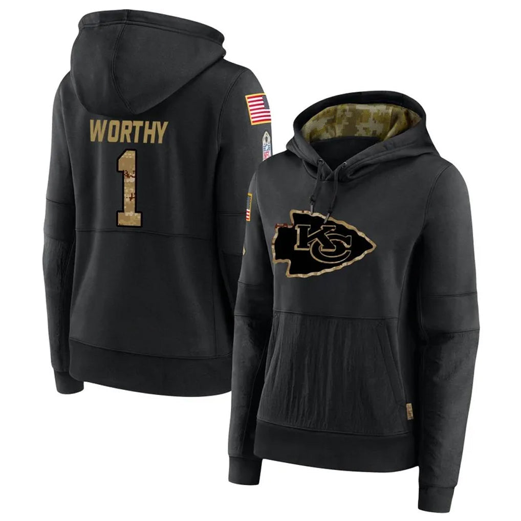 Fenge KC.Chiefs #1 Xavier Worthy Player Black Salute to Service Hoodies Stitched Jerseys
