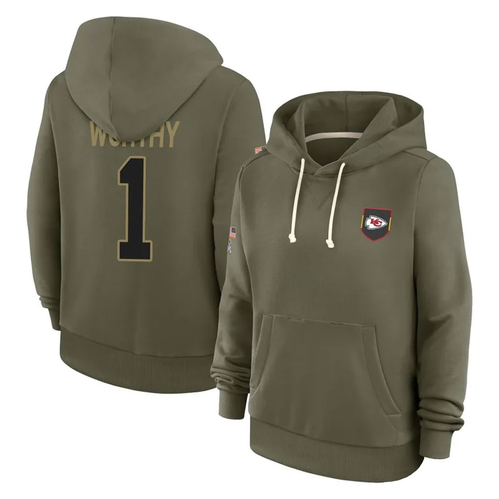 Fenge KC.Chiefs #1 Xavier Worthy Player Olive Salute to Service Hoodies Stitched Jerseys