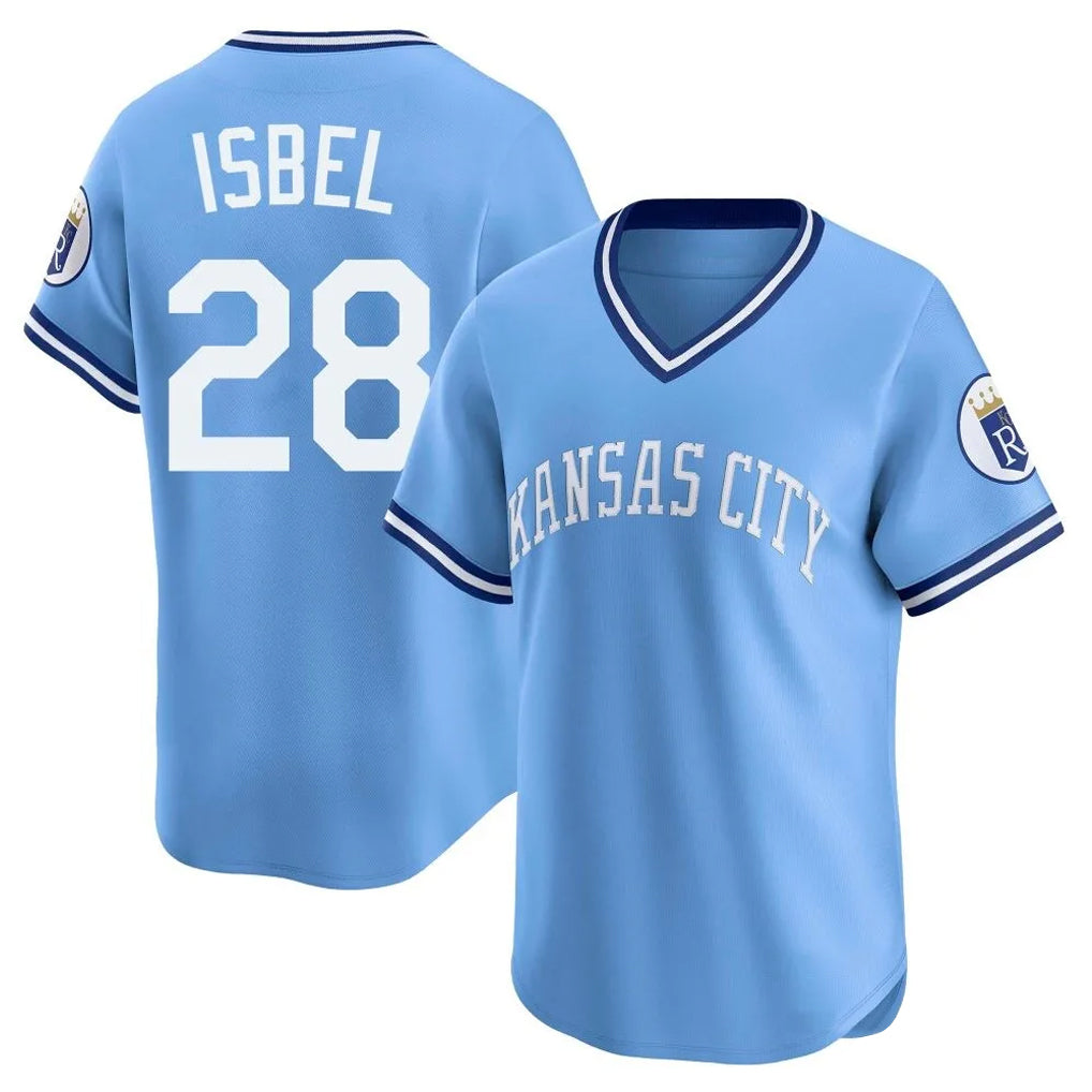 Fenge KC.Royals #28 Kyle Isbel Player Light Blue Limited Throwback Cooperstown Collection T-shirt Stitched Jerseys
