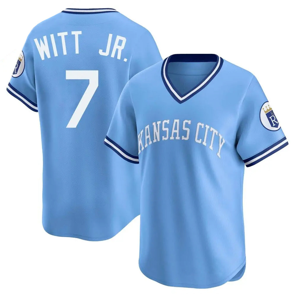 Fenge KC.Royals #7 Bobby Witt Jr. Player Light Blue Limited Throwback Cooperstown Collection T-shirt Stitched Jerseys