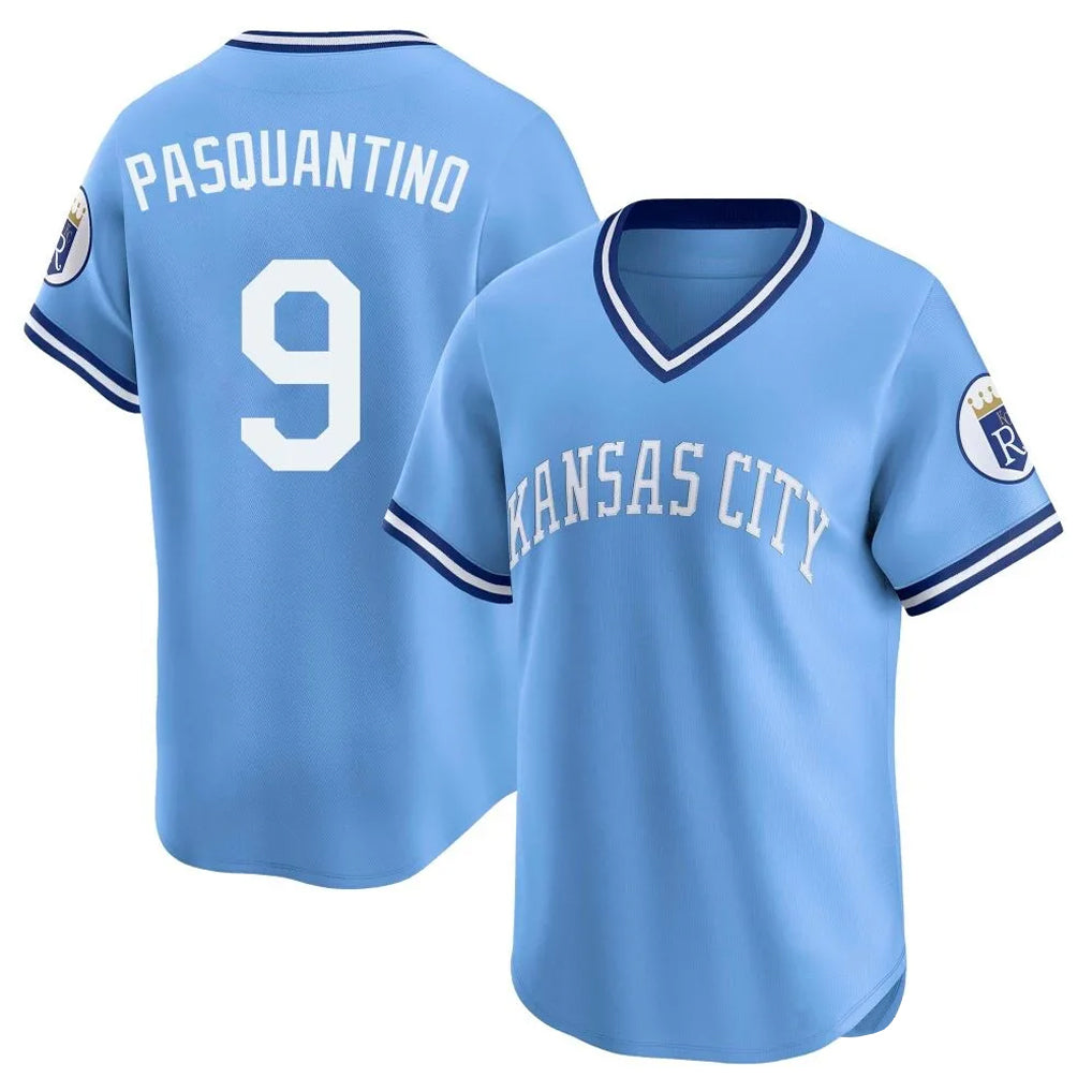 Fenge KC.Royals #9 Vinnie Pasquantino Player Light Blue Limited Throwback Cooperstown Collection T-shirt Stitched Jerseys