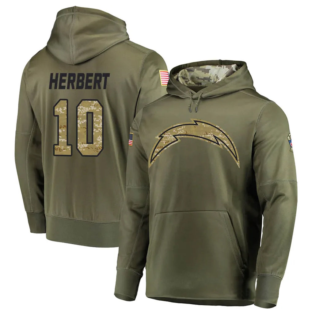 Fenge LA.Chargers #10 Justin Herbert Player Salute to Service  Olive Hoodies Game Stitched Jerseys