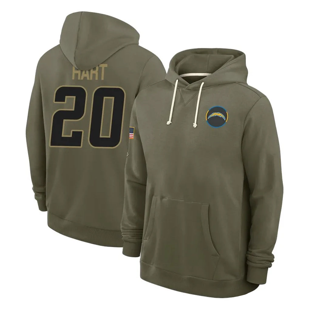 Fenge LA.Chargers #20 Cam Hart Player Olive Salute to Service Pullover Hoodies Limited Stitched Jerseys