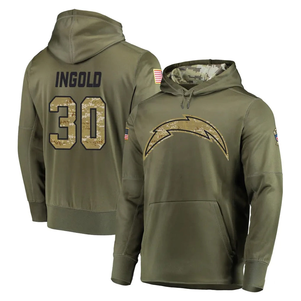 Fenge LA.Chargers #30 Alec Ingold Player Olive Salute to Service Pullover Hoodies Home Game Stitched Jerseys