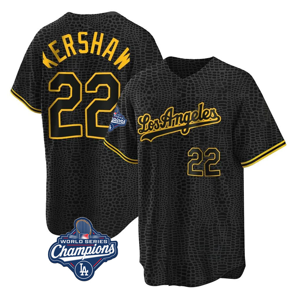 Fenge LA.Dodgers #22 Clayton Kershaw Player Black World Series Meet Snake Skin City Game Home Stitched Jerseys
