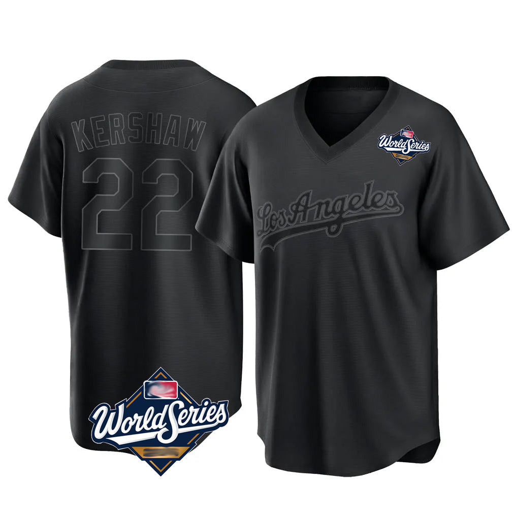 Fenge LA.Dodgers #22 Clayton Kershaw Player Black World Series Pitch Fashion T-shirt Stitched Jerseys
