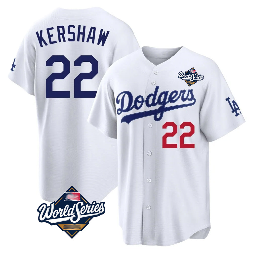Fenge LA.Dodgers #22 Clayton Kershaw Player White World Series Home Game Stitched Jerseys