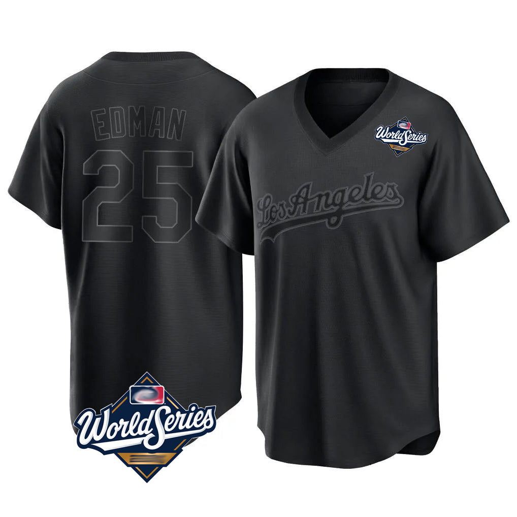 Fenge LA.Dodgers #25 Tommy Edman Player Black World Series Pitch Fashion T-shirt Stitched Jerseys