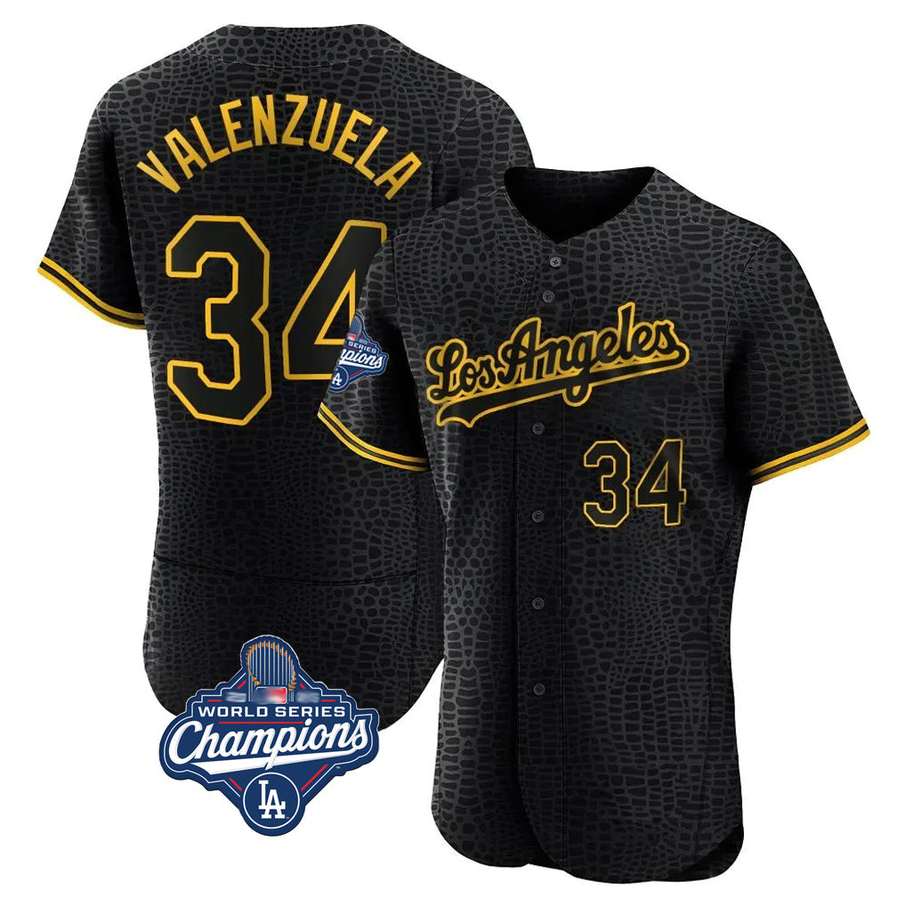 Fenge LA.Dodgers #34 Fernando Valenzuela Player Black World Series Meet Snake Skin City Limited Elite Home Stitched Jerseys