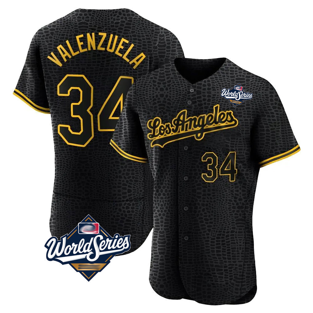 Fenge LA.Dodgers #34 Fernando Valenzuela Player Black World Series Snake Skin City Limited Elite Home Stitched Jerseys