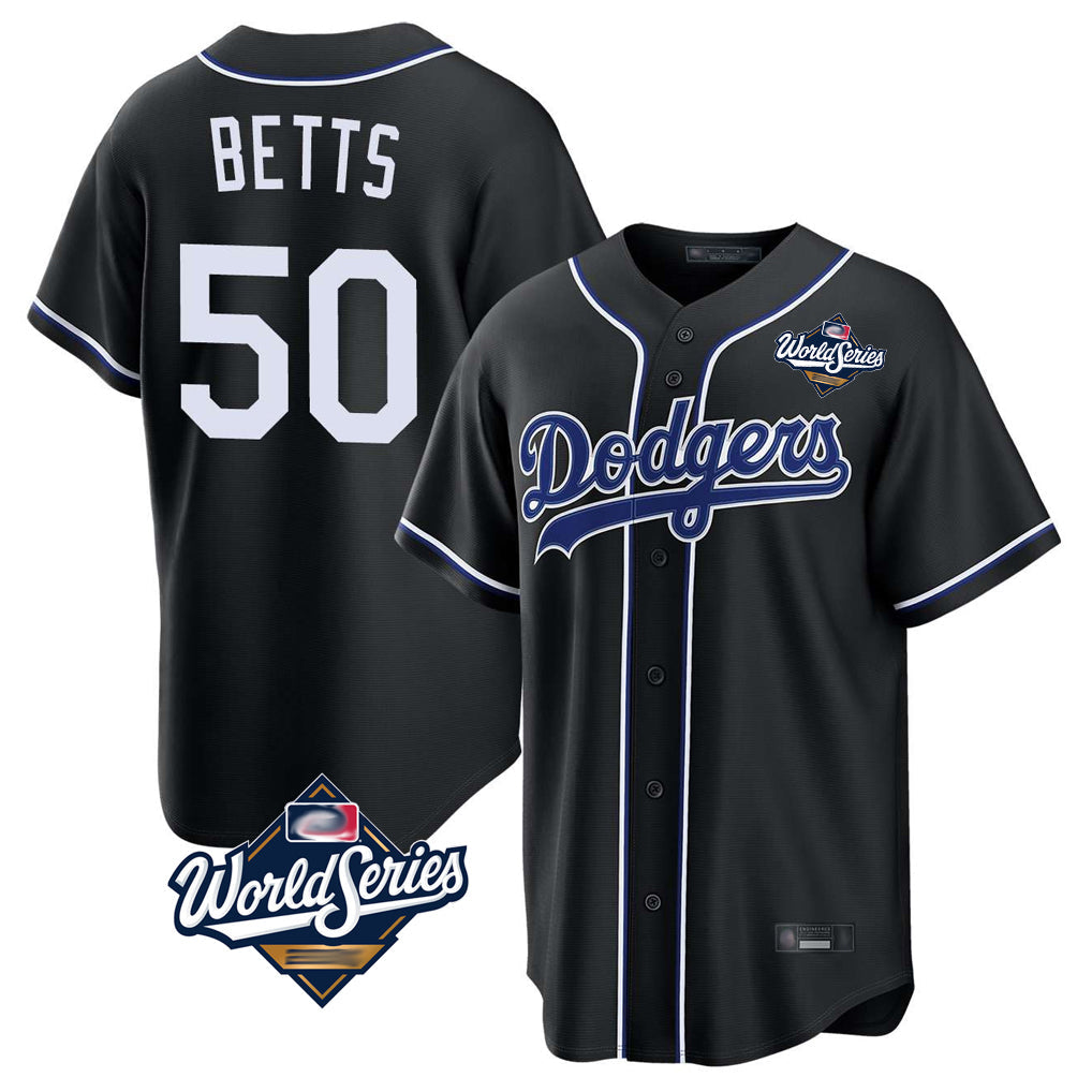 Fenge LA.Dodgers #50 Mookie Betts Player Black World Series Carbon Limited Home Stitched Jerseys