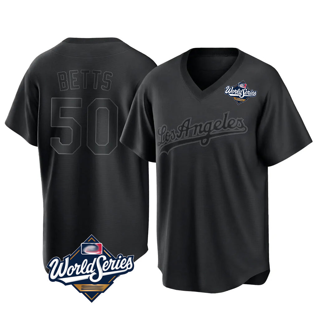 Fenge LA.Dodgers #50 Mookie Betts Player Black World Series Pitch Fashion T-shirt Stitched Jerseys