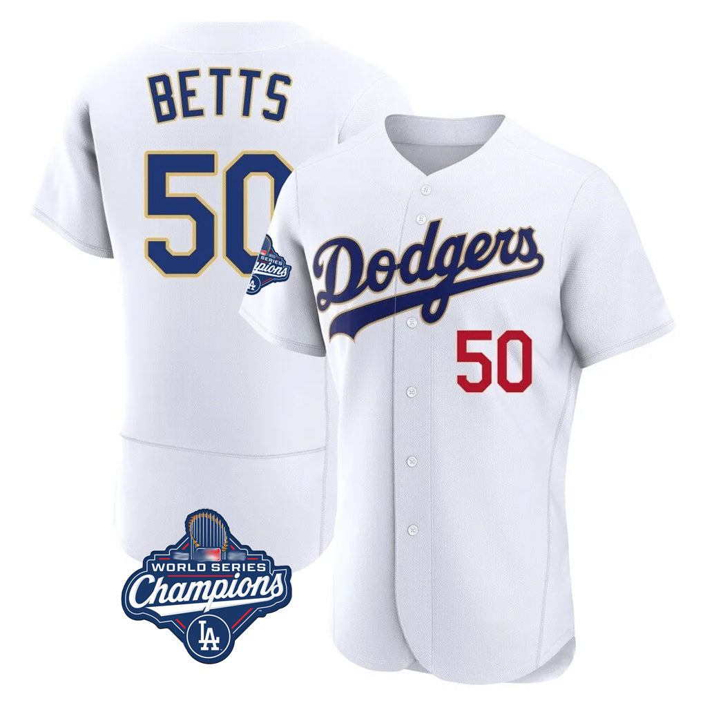 Fenge LA.Dodgers #50 Mookie Betts Player Gold White World Series Meet 2026 Collection Stadium Limited Elite Stitched Jerseys