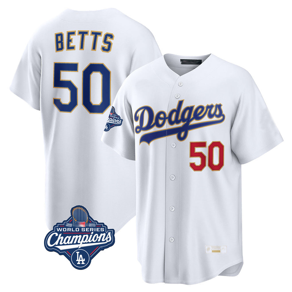 Fenge LA.Dodgers #50 Mookie Betts Player Gold White World Series Meet Collection Limited Home Stitched Jerseys