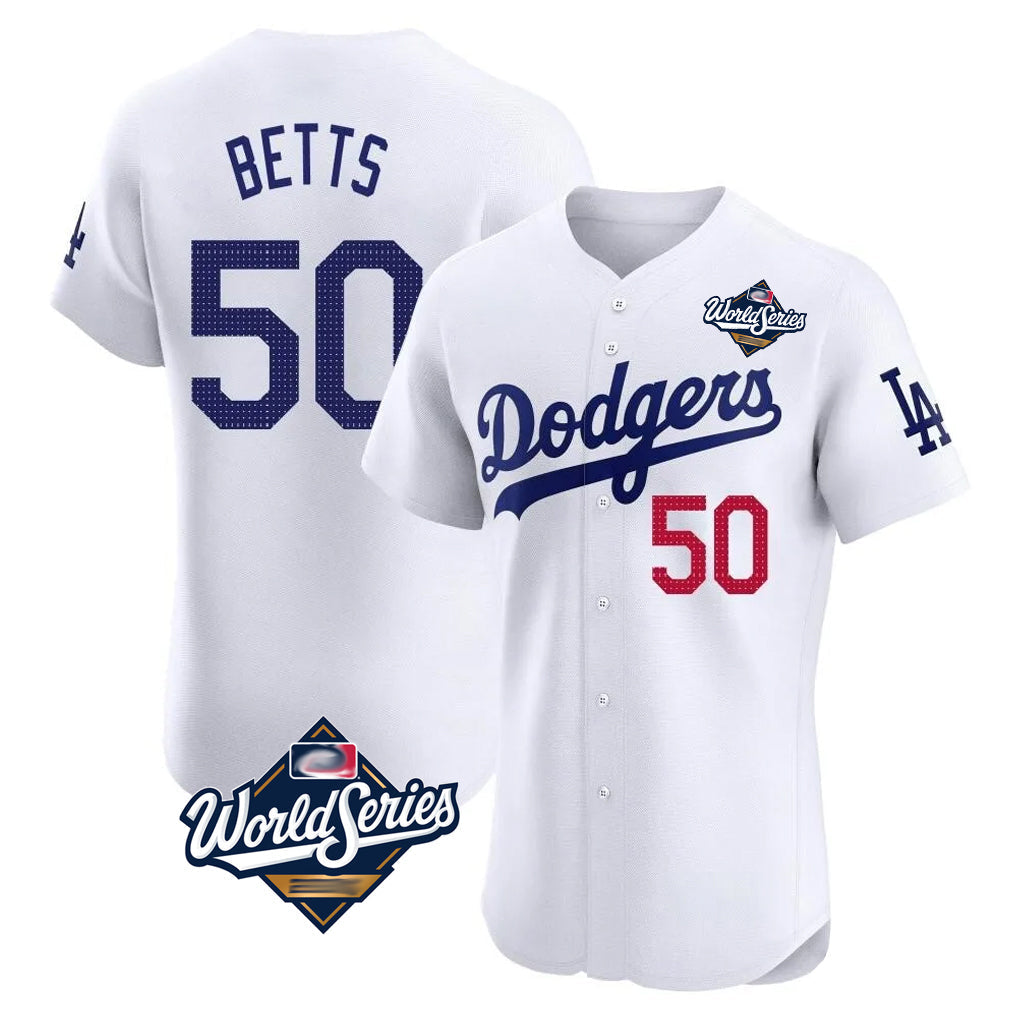 Fenge LA.Dodgers #50 Mookie Betts Player White World Series Limited Elite Home Stitched Jerseys