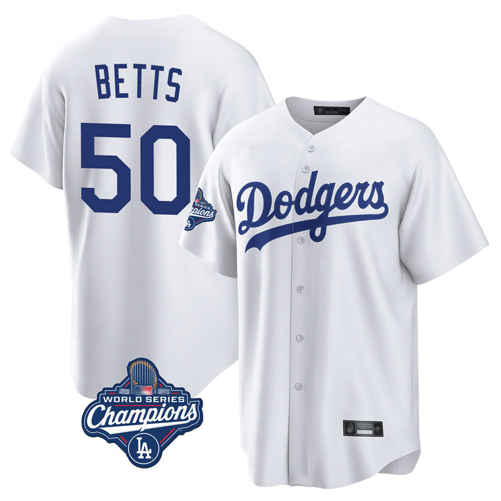 Fenge LA.Dodgers #50 Mookie Betts Player White World Series Meet Game Home Stitched Jerseys