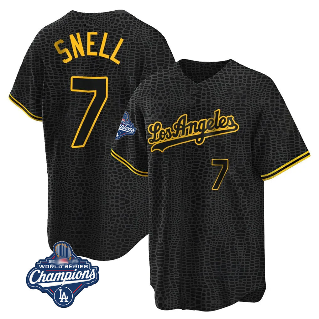 Fenge LA.Dodgers #7 Blake Snell Player Black Snake Skin City Game Home World Series Meet Stitched Jerseys